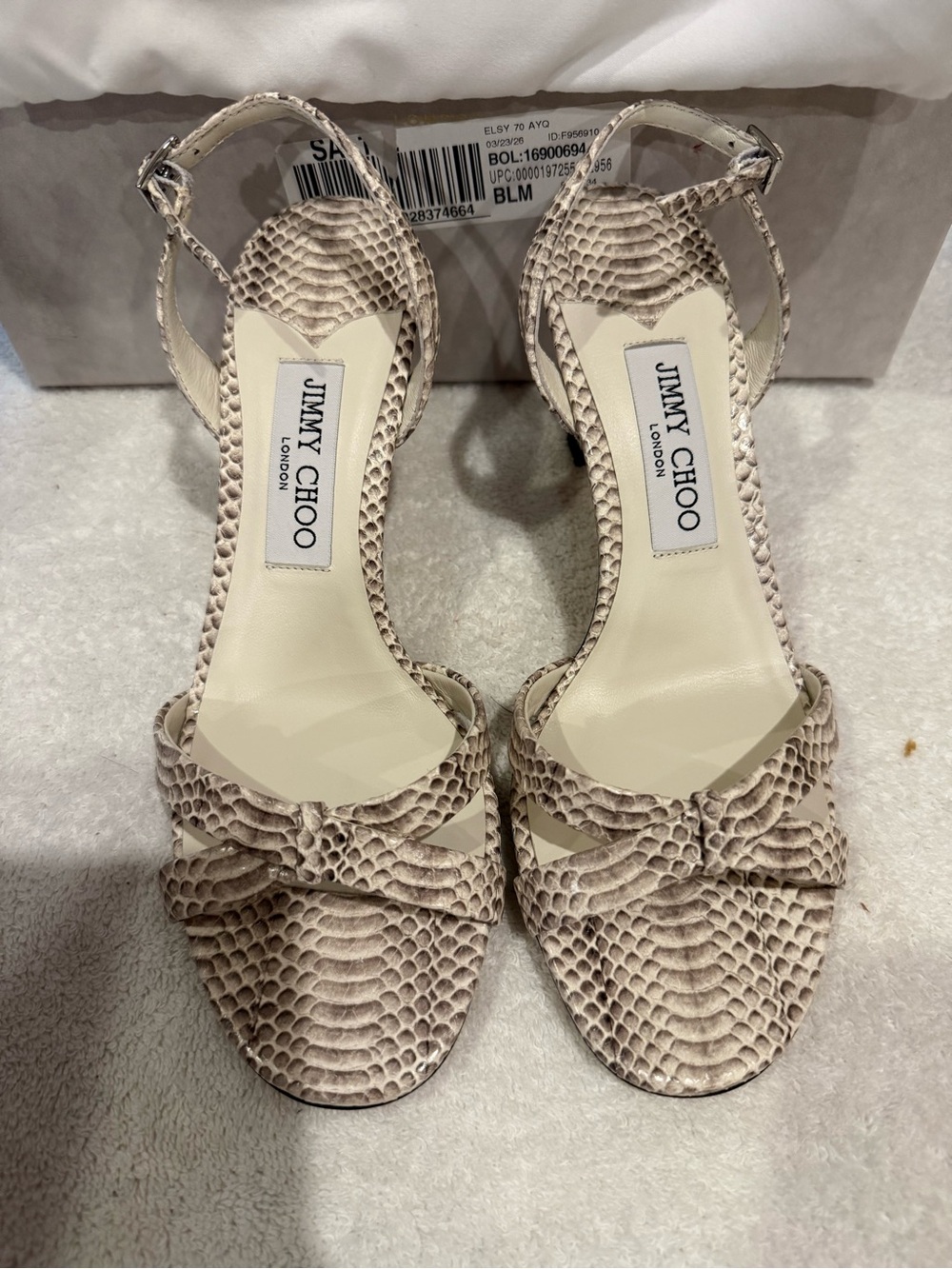 Jimmy Choo Beige Snakeskin-Embossed Ankle-Strap Heels